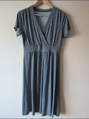 L.L. Bean Navy & White Printed Wrap-Style Midi Dress